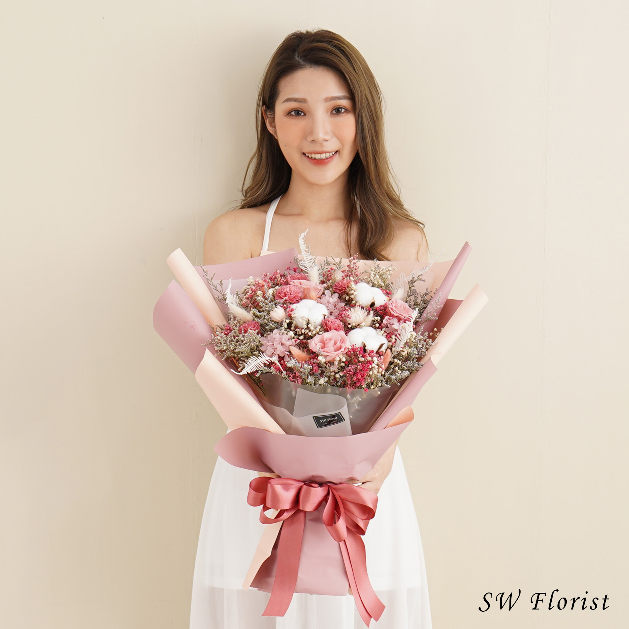 |粉色母親節花束-康乃馨-母親生日禮物-紀念日禮物-乾燥花束-特大|