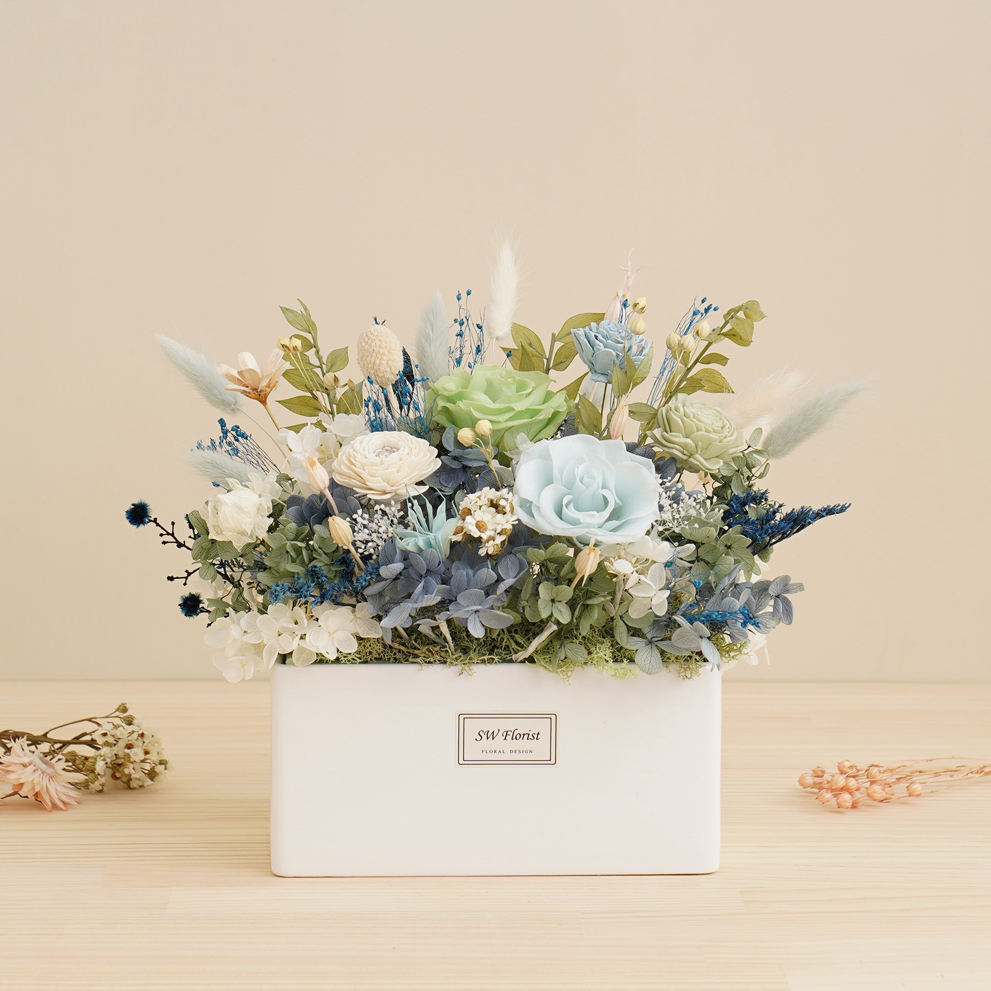 ｜淺藍色天藍色 寧靜湖畔永生花盆栽 乾燥花盆栽 桌花設計 大型桌花｜