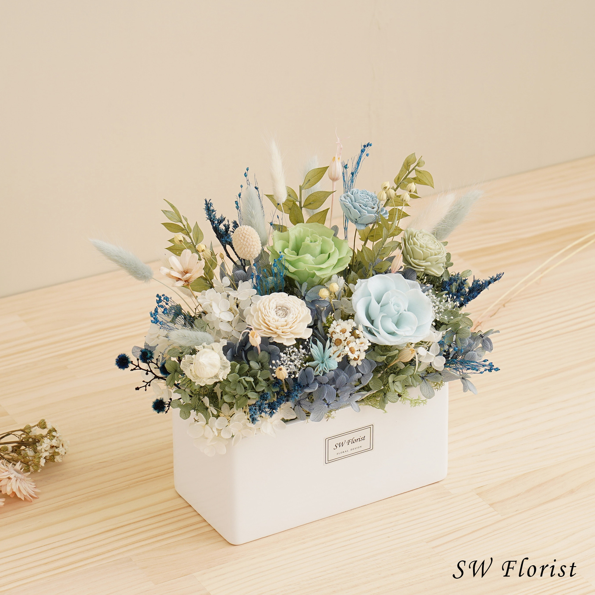 ｜淺藍色天藍色 寧靜湖畔永生花盆栽 乾燥花盆栽 桌花設計 大型桌花｜
