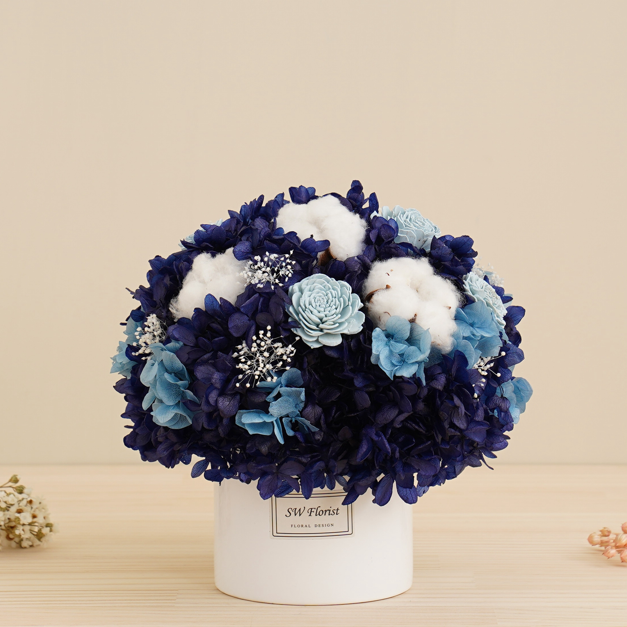 ｜經典款不凋花桌花 永生花 乾燥花 桌花設計 海底最深處款 大型桌花 白盆｜