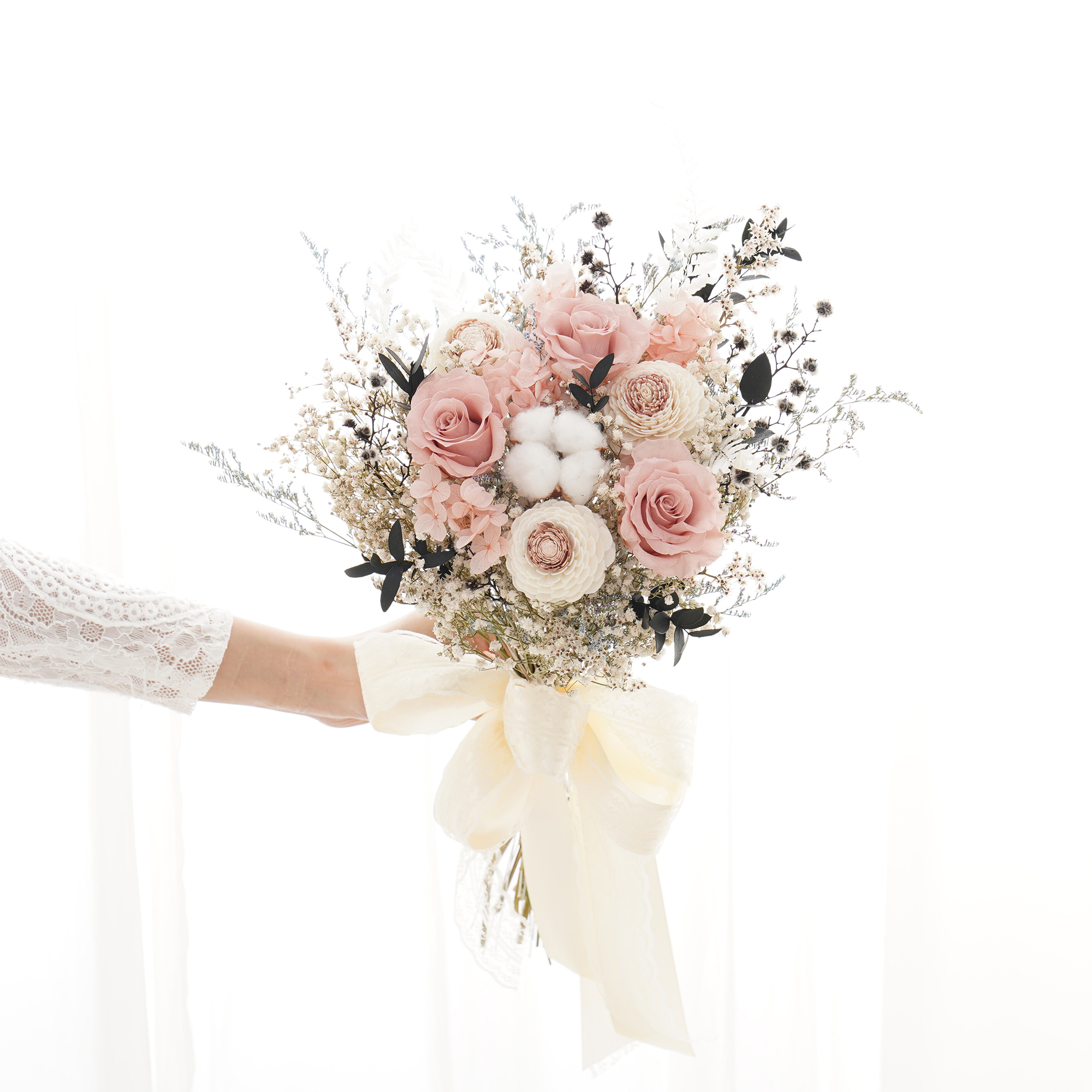 ｜新娘捧花 永生花 婚紗捧花 乾燥花  奶茶色 甜美夢幻風格｜歐美放射形 人氣款式