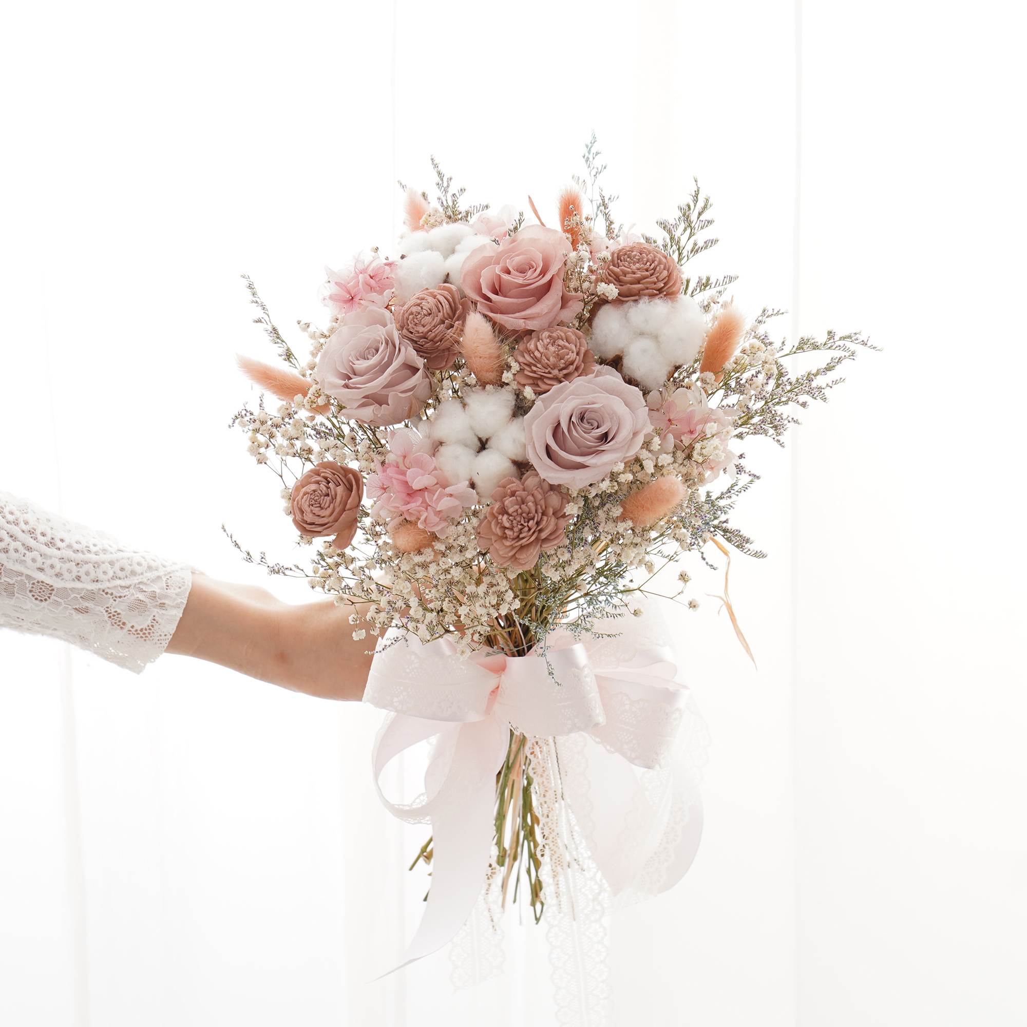 ｜新娘捧花 永生花 婚紗捧花 乾燥花  裸色系奶茶色 甜美夢幻風格｜日式放射形 人氣款式