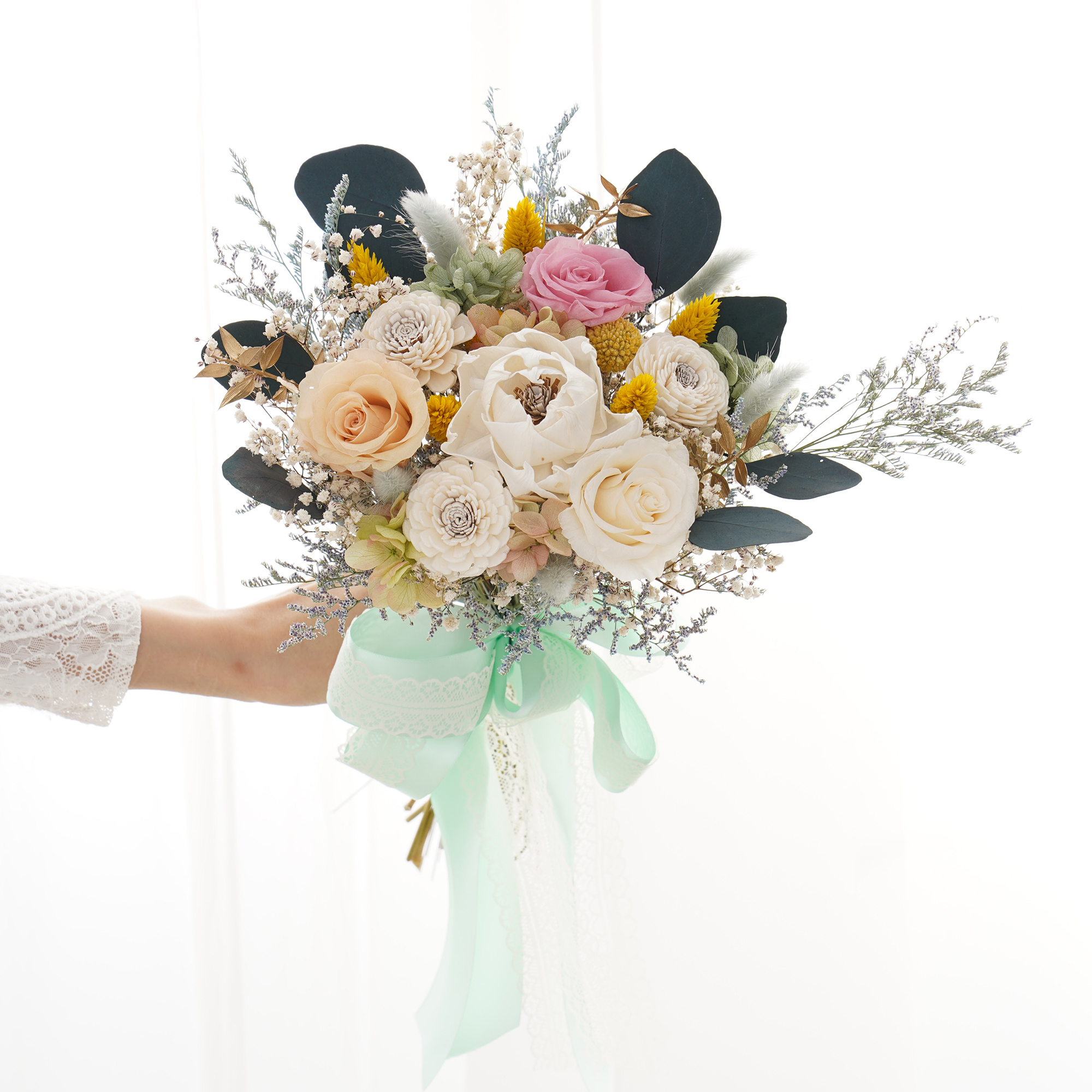 ｜新娘捧花 永生花婚紗捧花 乾燥花 香檳色系 大地之母｜日式放射形 人氣款式