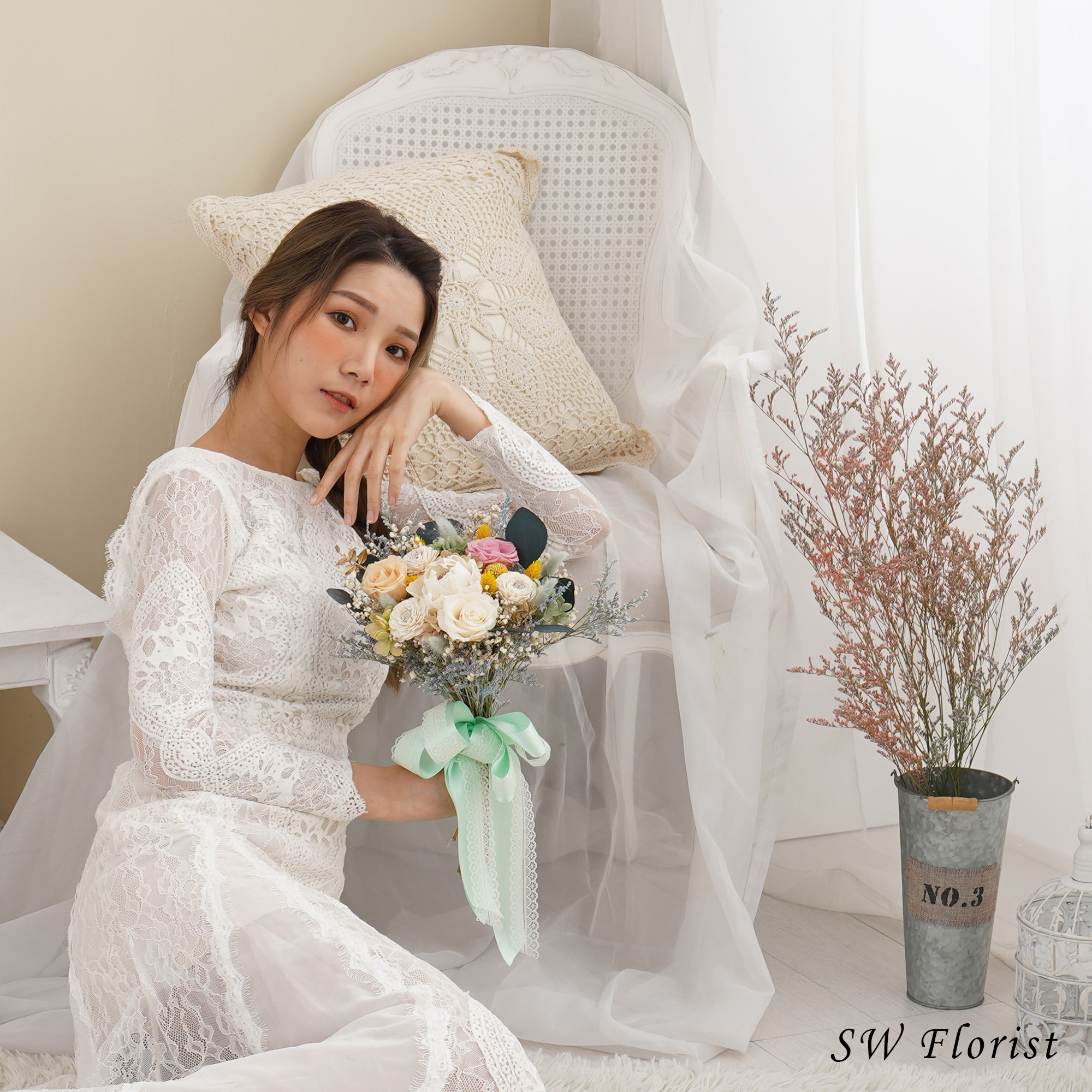 ｜新娘捧花 永生花婚紗捧花 乾燥花 香檳色系 大地之母｜日式放射形 人氣款式