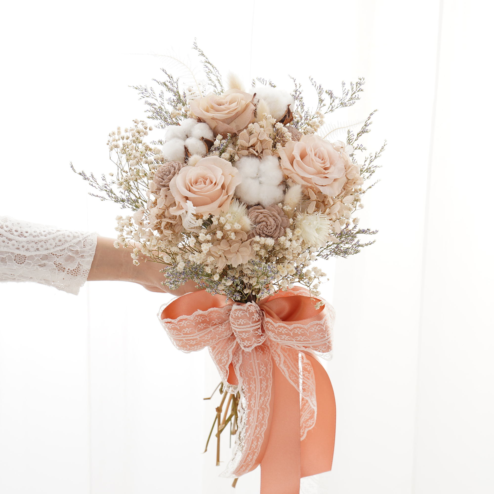 ｜新娘捧花 永生花婚紗捧花 乾燥花 濃郁奶茶色系 裸杏色系｜日式放射形 人氣款式