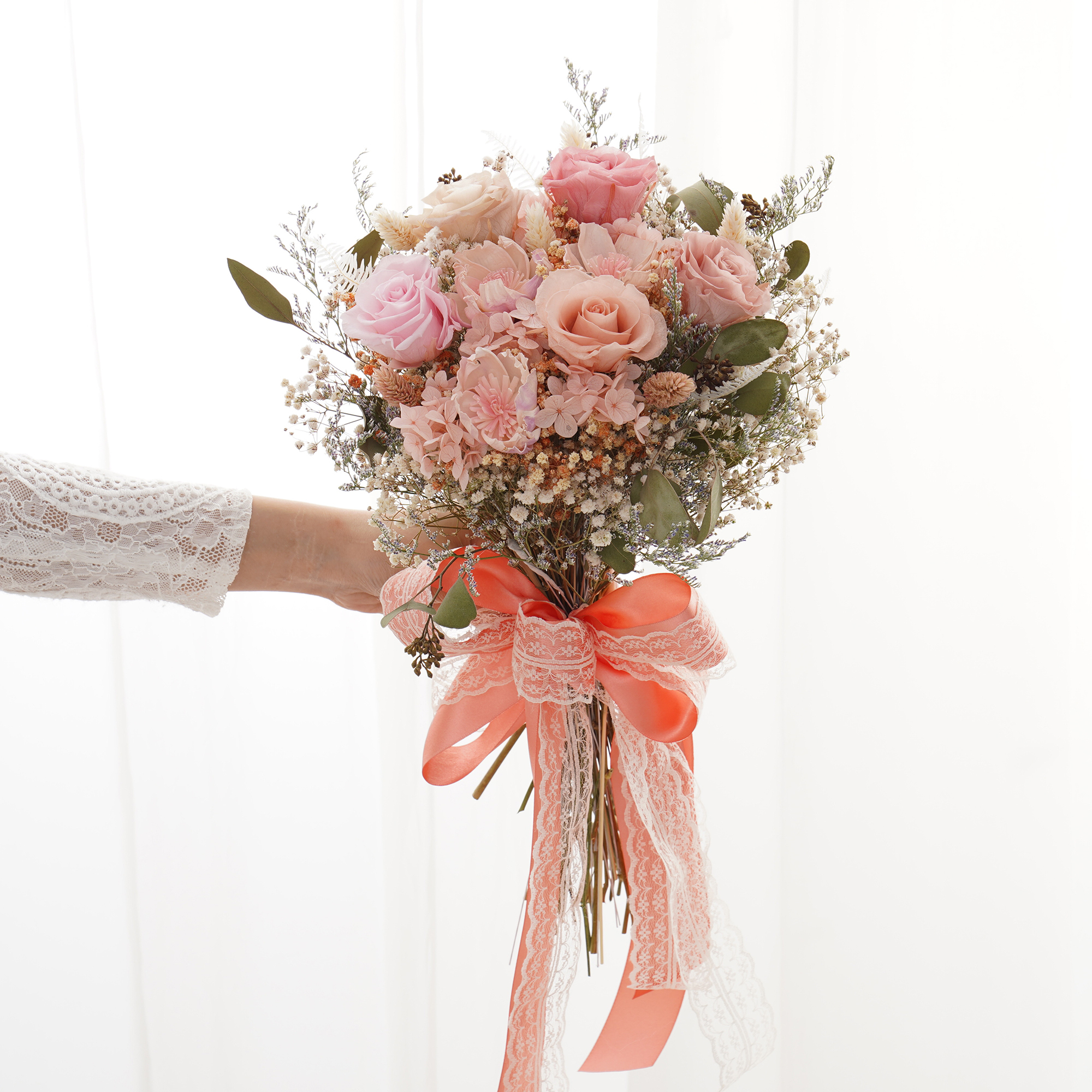 ｜新娘捧花 永生花婚紗捧花 乾燥花 夢幻繽紛粉色系｜日式放射形 人氣款式