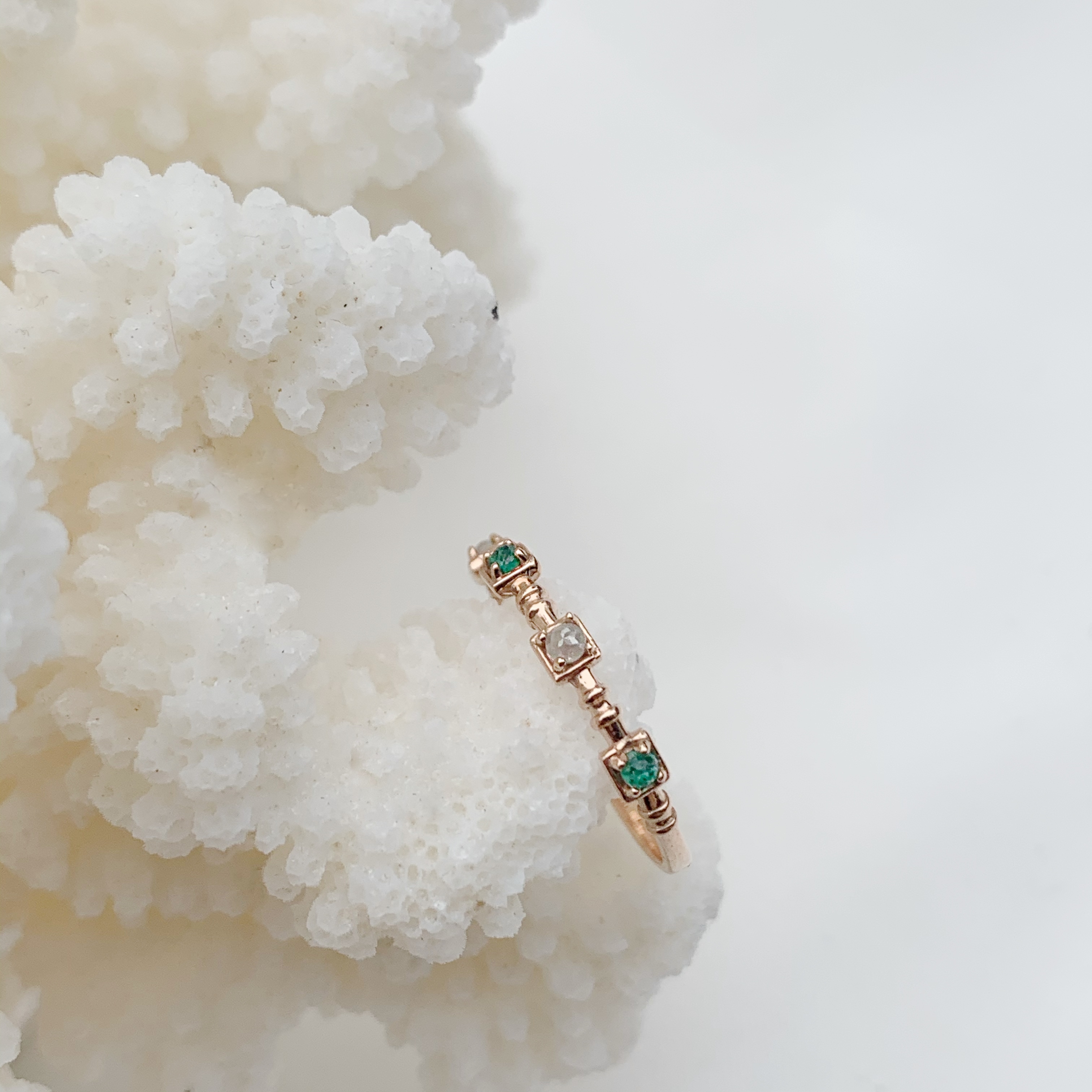 14K節節方塊祖母綠灰鑽戒指