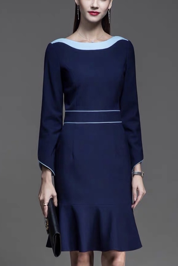 一字肩雙色拼接洋裝--訂製款