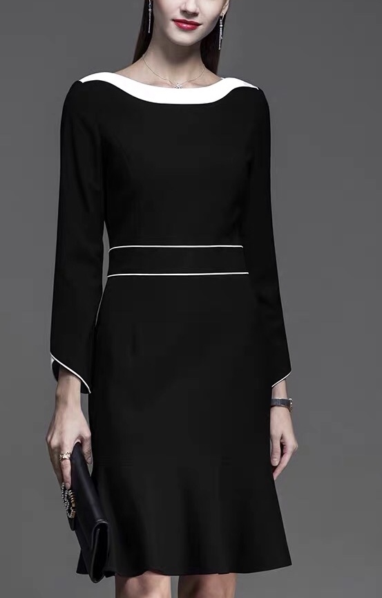 一字肩雙色拼接洋裝--訂製款