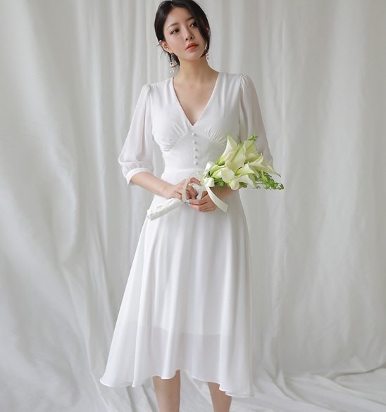 V領5分袖 法式雪紡洋裝