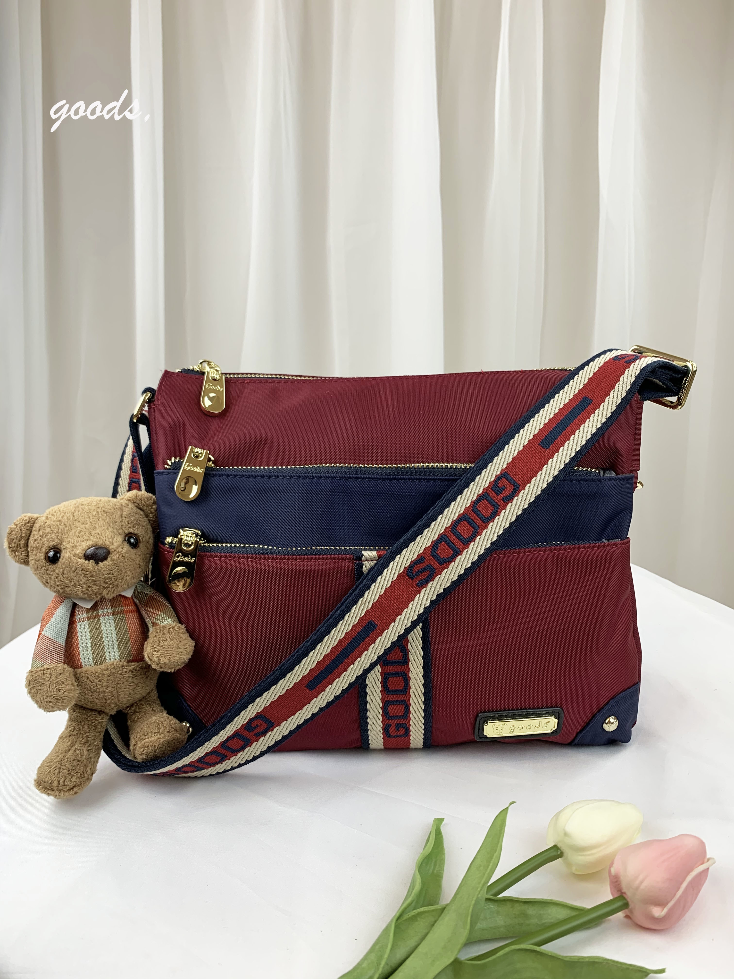 GOODS 織帶藍紅 尼龍防潑水側背包 #2045