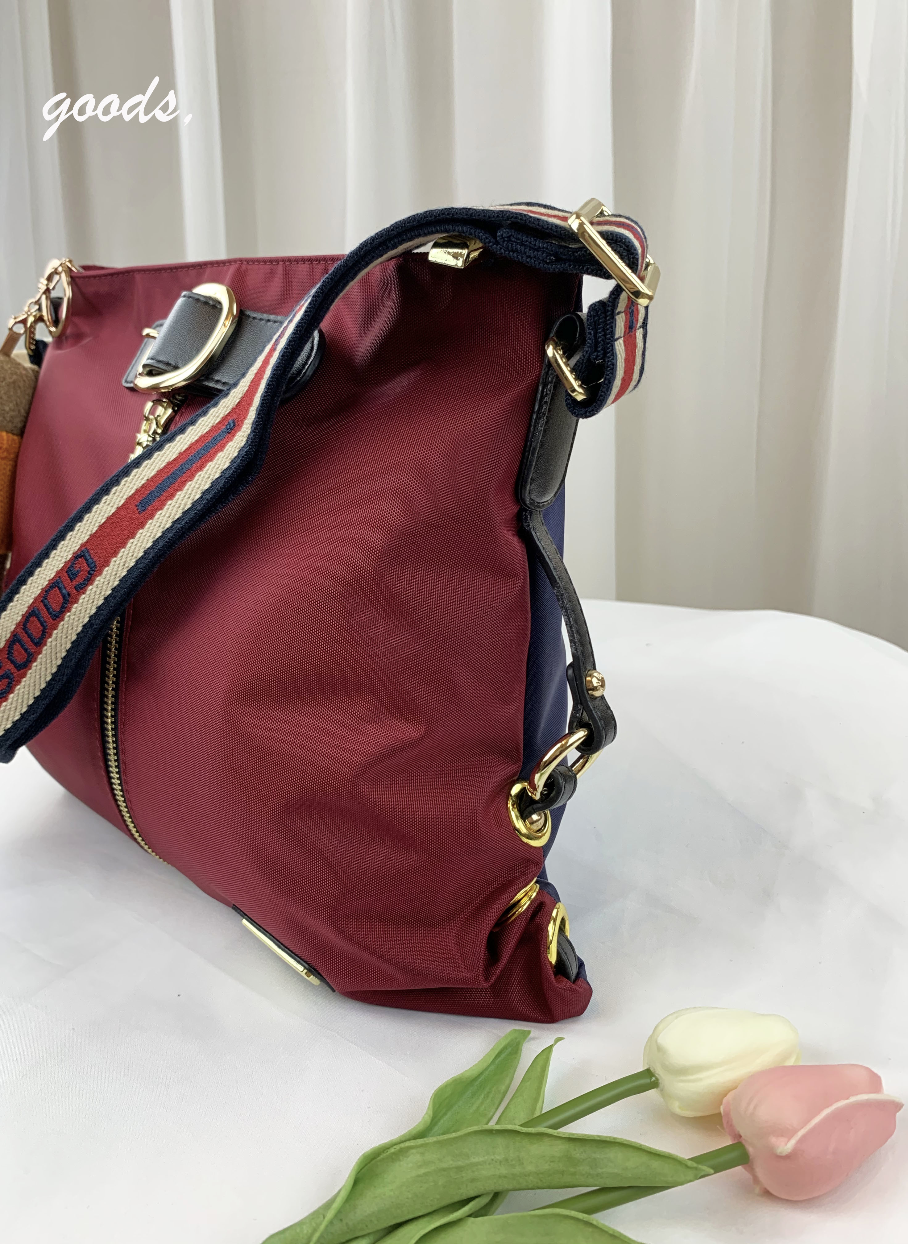 GOODS 織帶藍紅 皮帶頭尼龍側背包  #2127