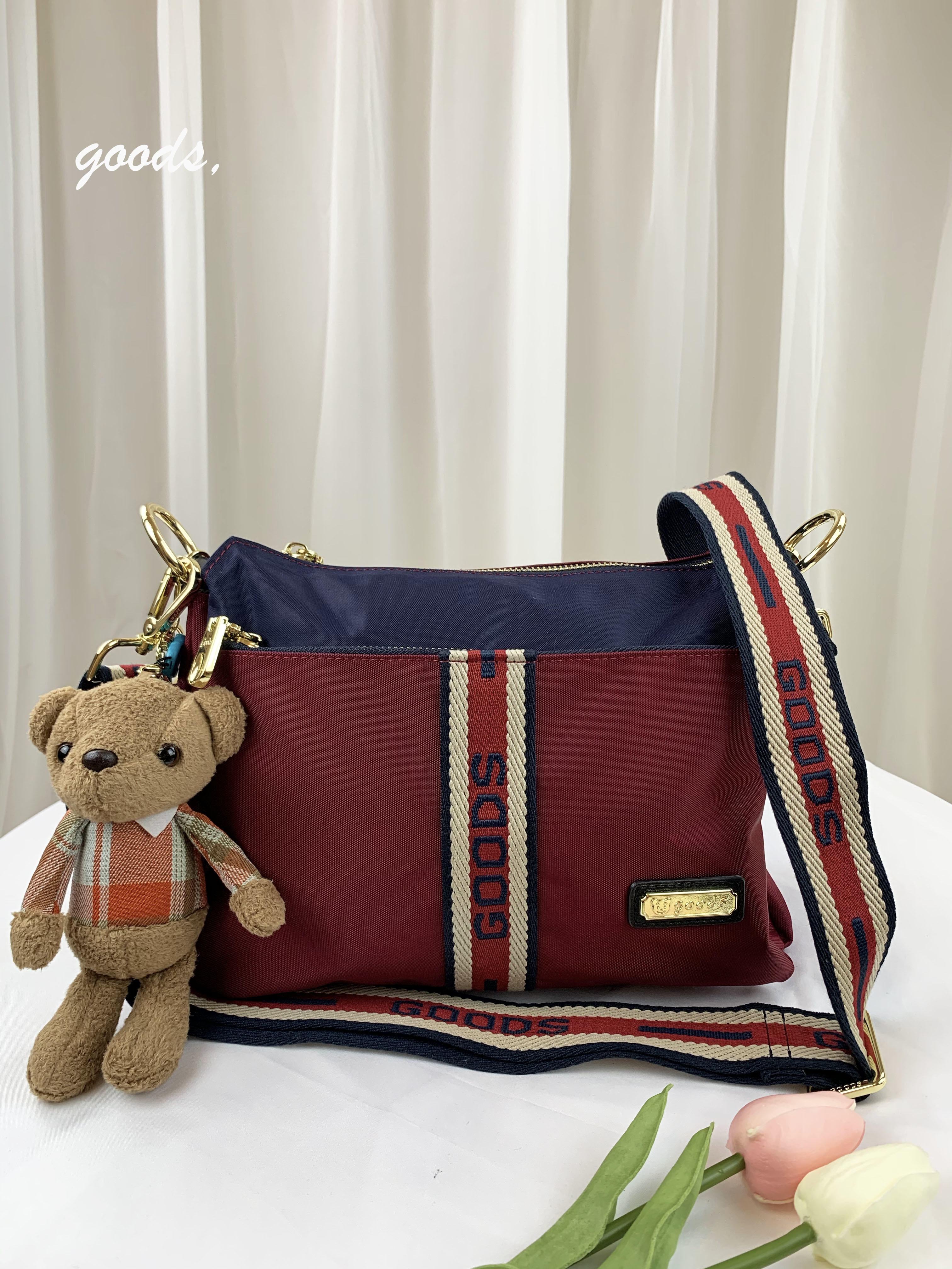 GOODS 織帶藍紅 尼龍多層收納側背包  #29259