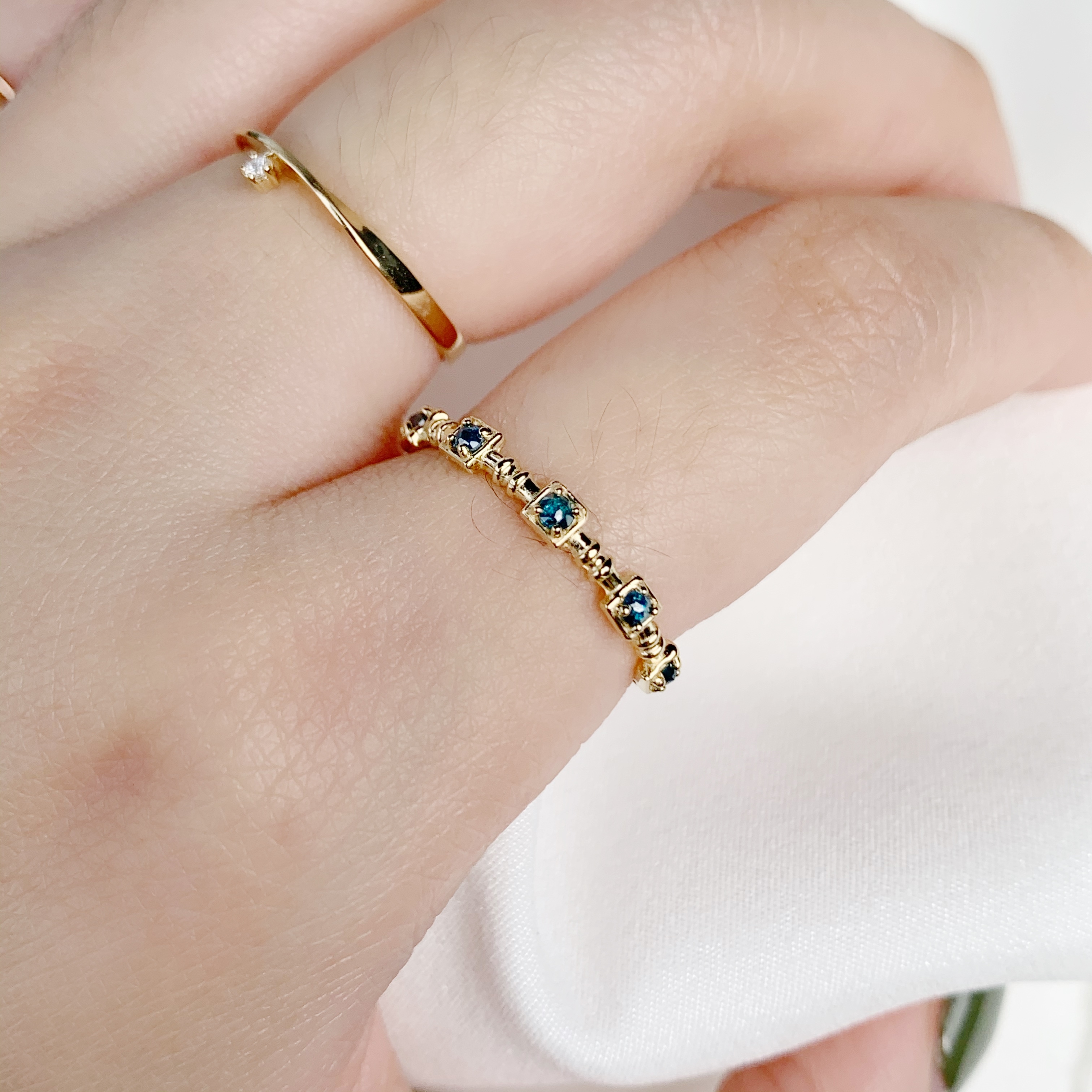 14K節節方塊藍鑽原礦戒指