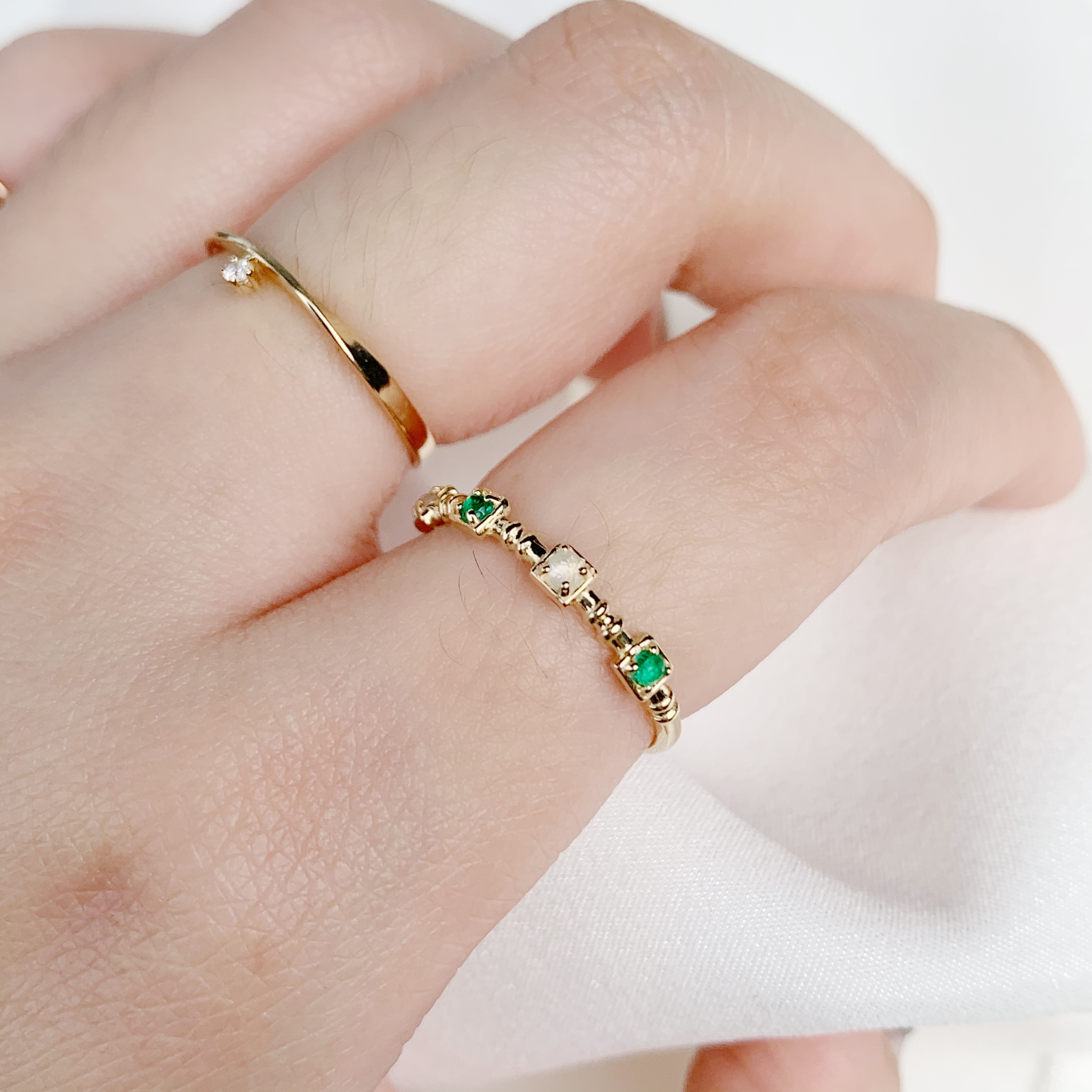 14K節節方塊祖母綠灰鑽戒指