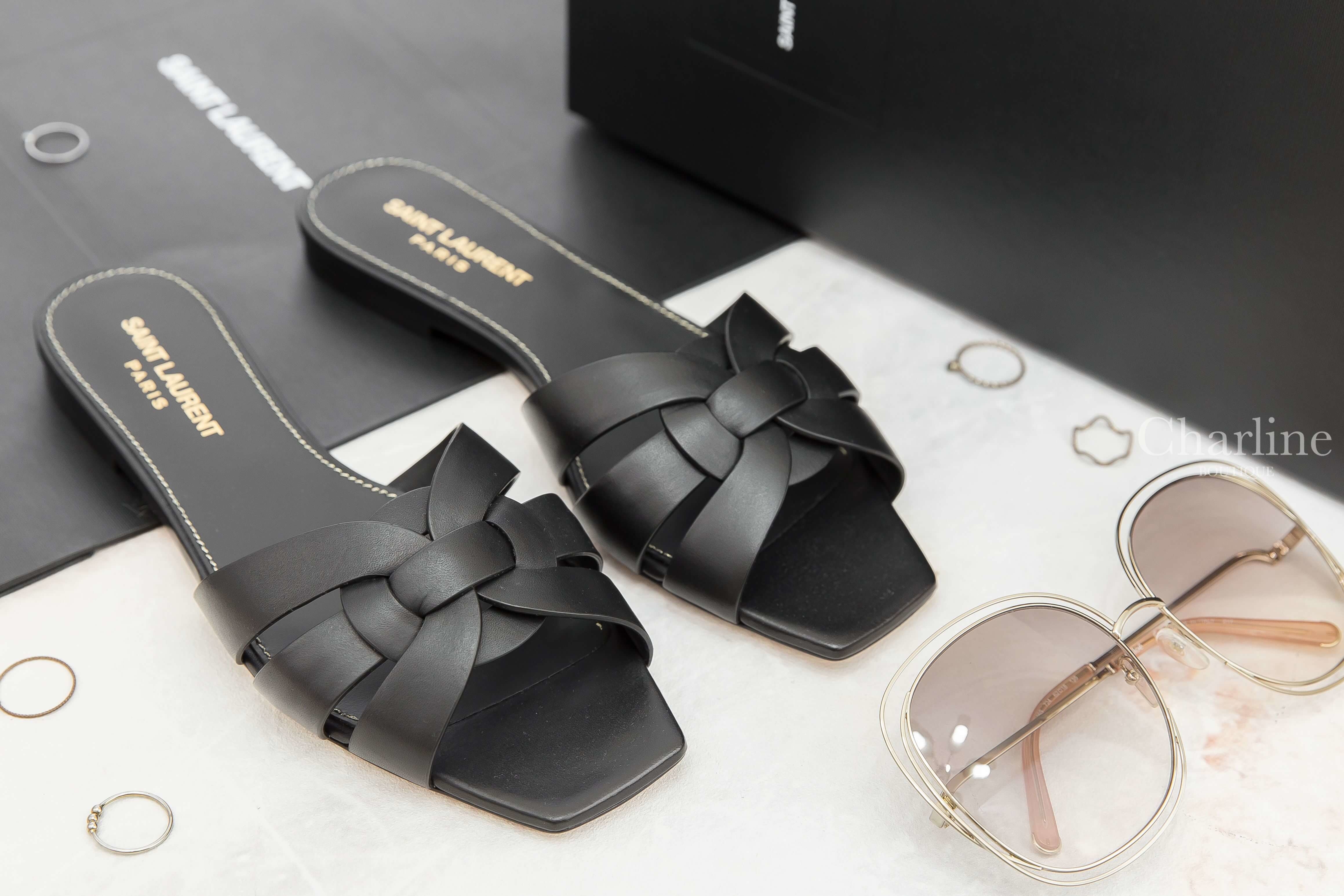 Saint Laurent Tribute Mules In Smooth Leather 霧面黑色小牛皮編織平底拖鞋