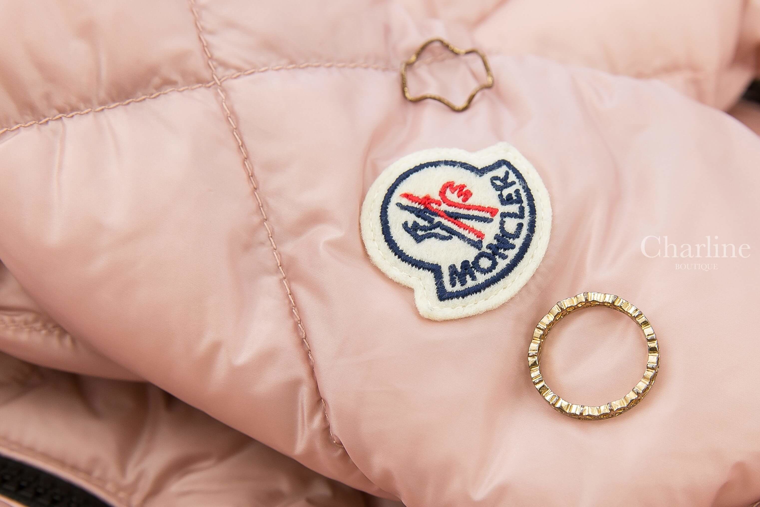 Moncler Oulx 腮紅粉大格子黑滾邊連帽拉鍊口袋羽絨外套