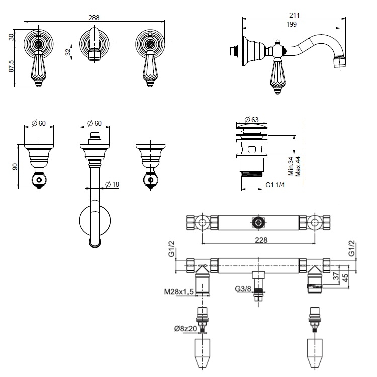 Fima Carlo Frattini "Herend Chic" F5401L/5CBCR + F2240 Wall Mounted Basin Mixer w/ click clack pop-up waste (199mm)