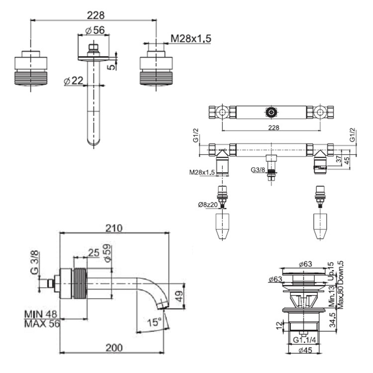 Fima Carlo Frattini "Texture Collection" F5601L/5VCR + C24N + F2230 Wall Mounted Basin Mixer w/ click clack pop-up waste (210mm)