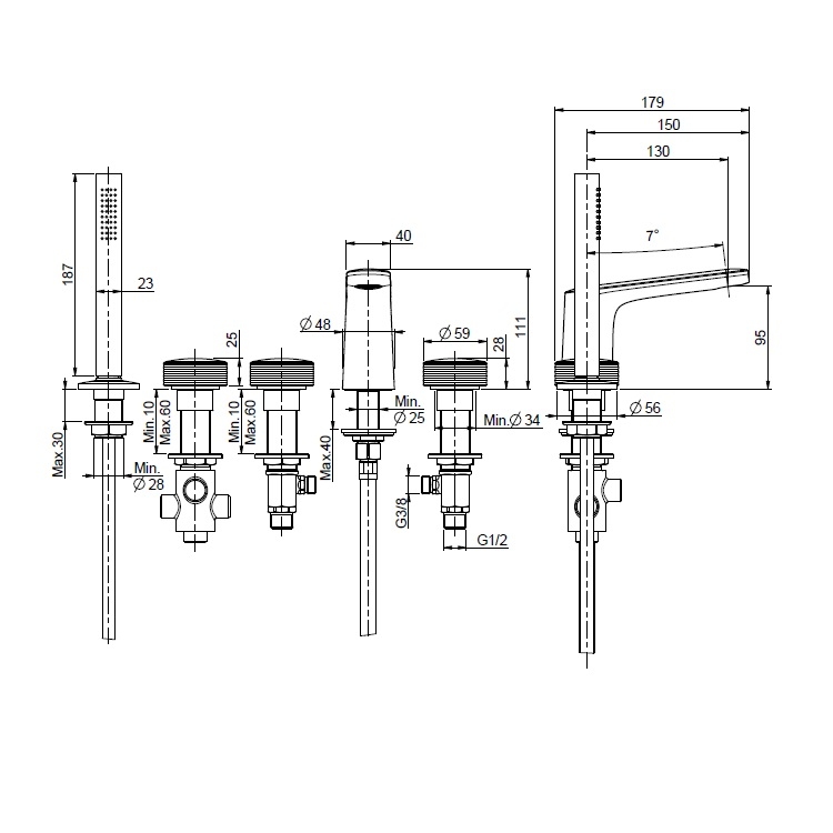 Fima Carlo Frattini "Texture Collection" F5614VCR + C34N Desk Mounted Bath Mixer w/ Hand Shower