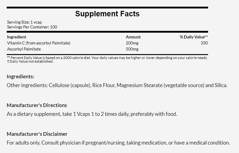 [預購] Now 抗壞血酸棕櫚酸酯 +維他命C 500毫克 100粒 Ascorbyl Palmitate