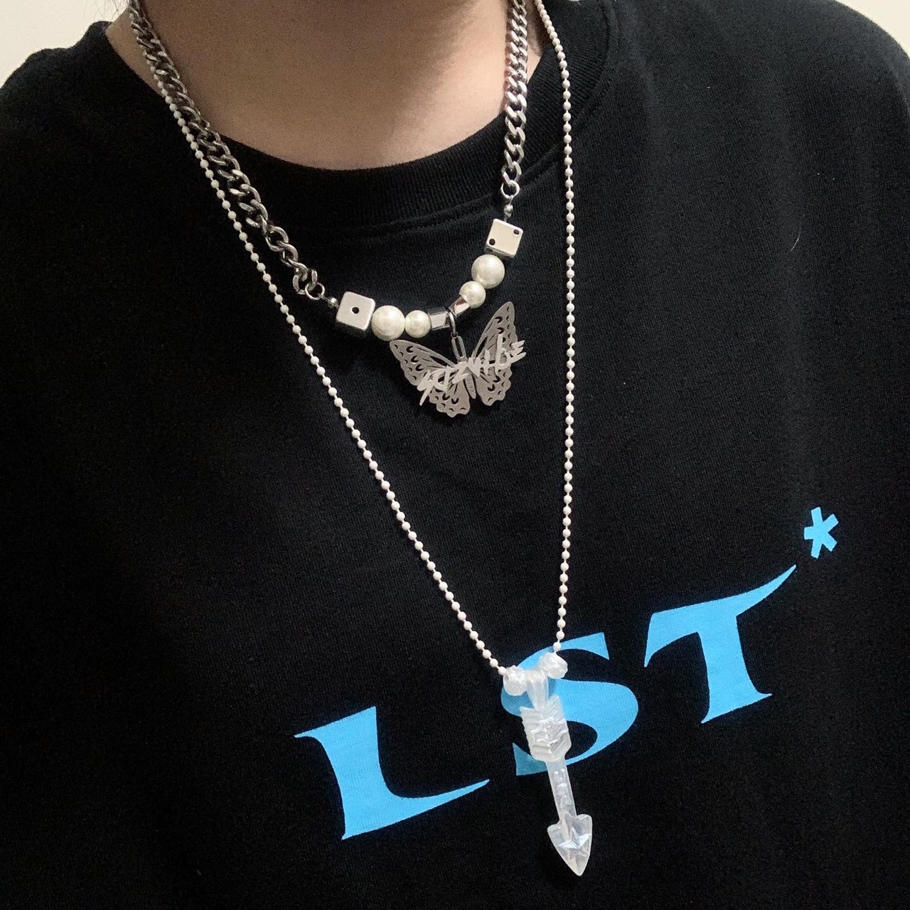 JP 訂製款 金屬 蝴蝶 珍珠 骰子 鏈條 項鍊