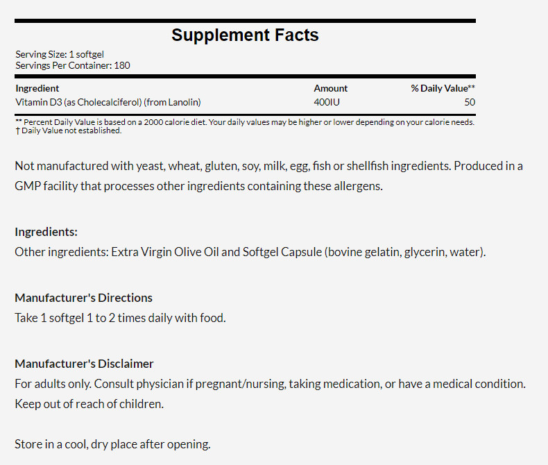 [預購] Now 維他命D3 400IU 180粒軟膠囊 Vitamin D-3