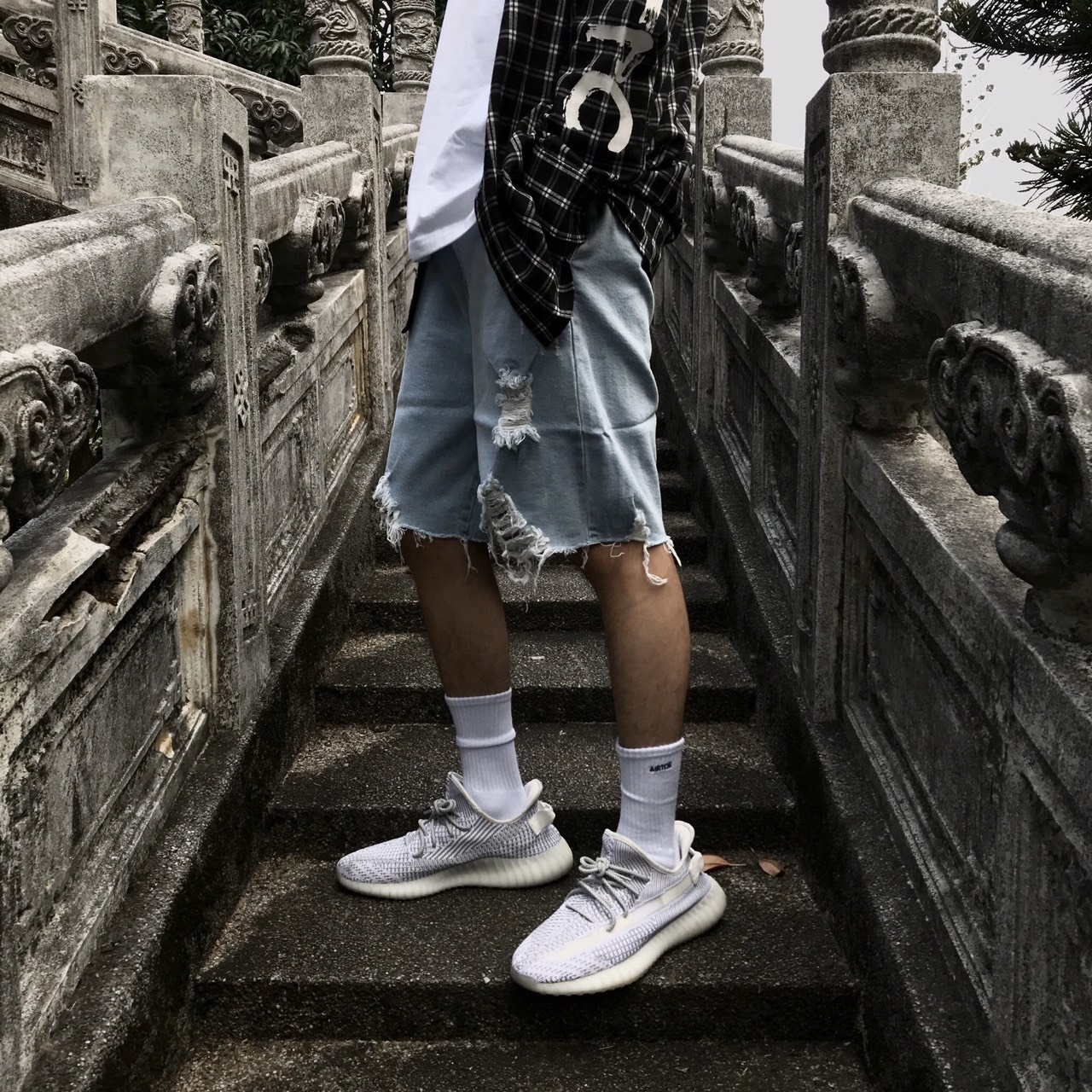 XCTRL 小咬標鬆緊牛仔短褲-藍