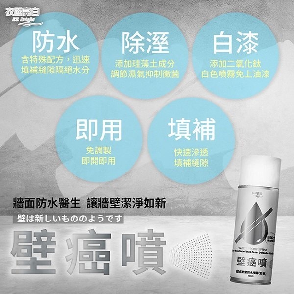 台灣 衣麗亮白 壁癌救星防修補噴霧(白色)│天然珪藻土成份│輕輕一噴立即修補牆面
