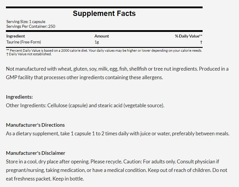 [預購] Now 雙效牛磺酸 1000mg 100/250粒 素食 Taurine