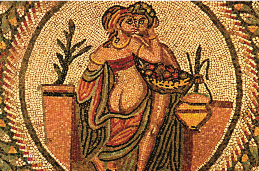 an erotic scene in which he is holding a container for wine, in a mosaic in Villa Romana del Casale