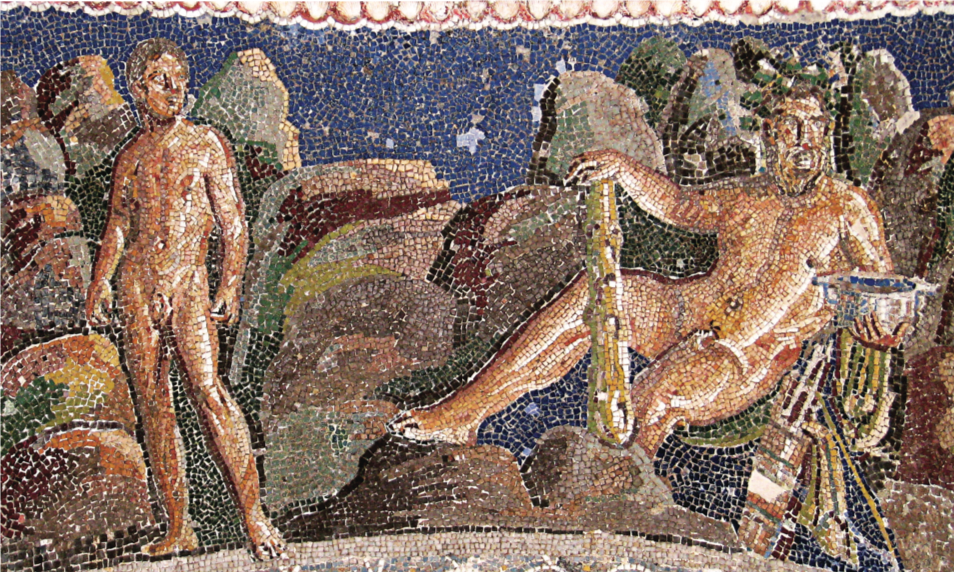 ‘Iolaus together with his hero and lover Hercules’, with the hero holding a jar full of wine