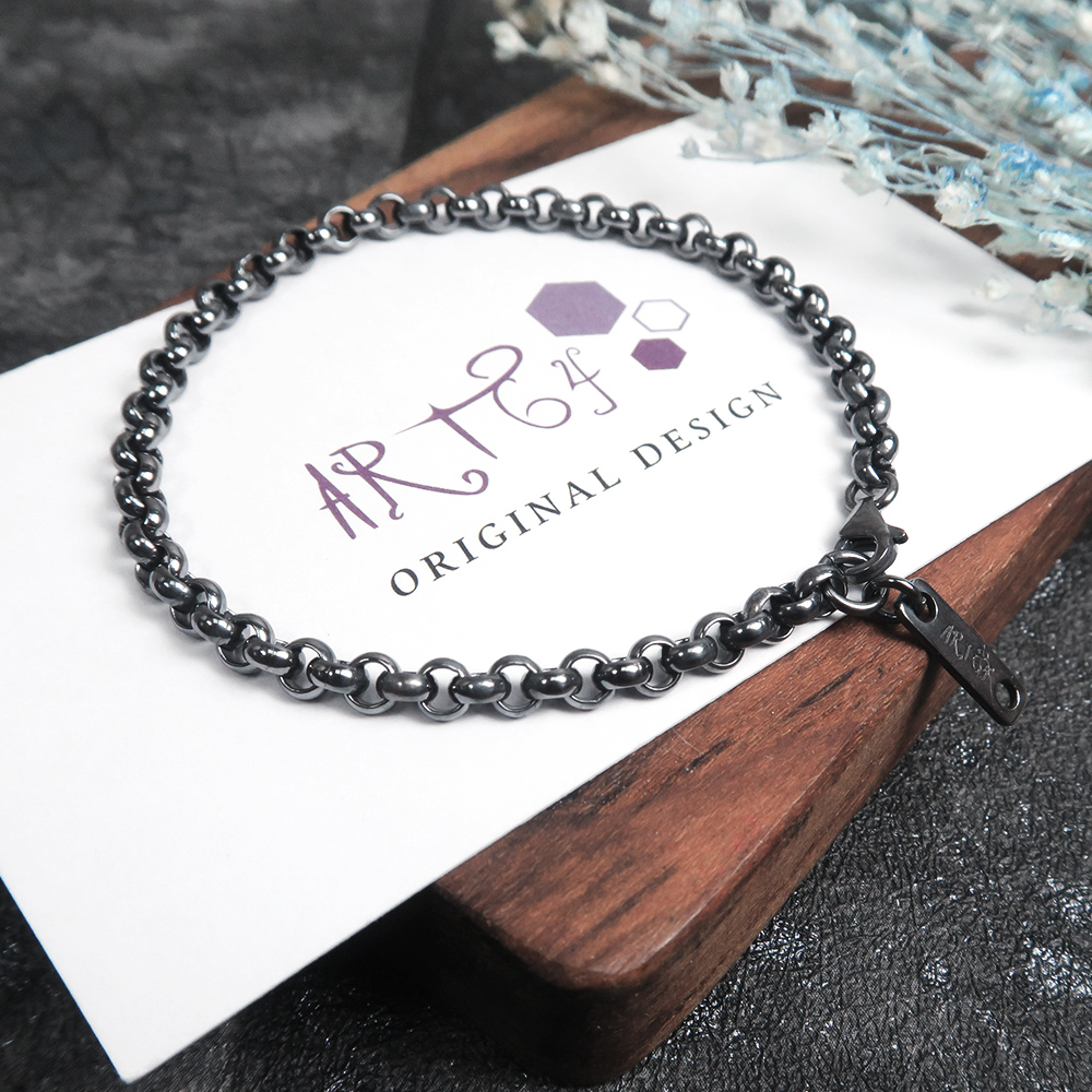 寬版小圓手鍊 復古黑(3.7mm中寬鍊) 925純銀刻字手鍊