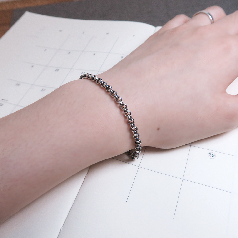 寬版小圓手鍊 復古黑(3.7mm中寬鍊) 925純銀刻字手鍊