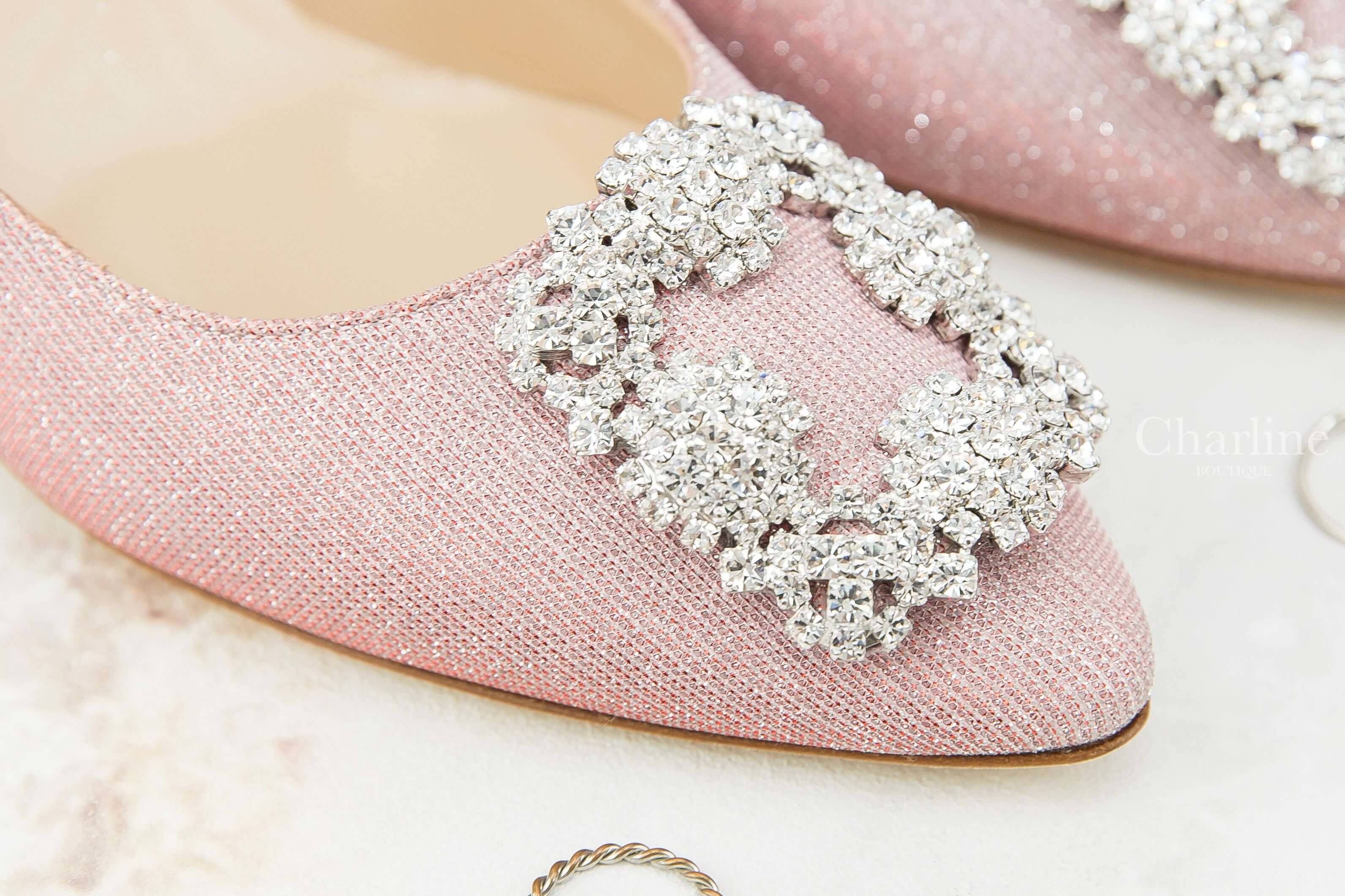 Manolo Blahnik Hangisi Galassia 70 粉色銀蔥銀色鑲鑽方釦7cm細跟高跟鞋