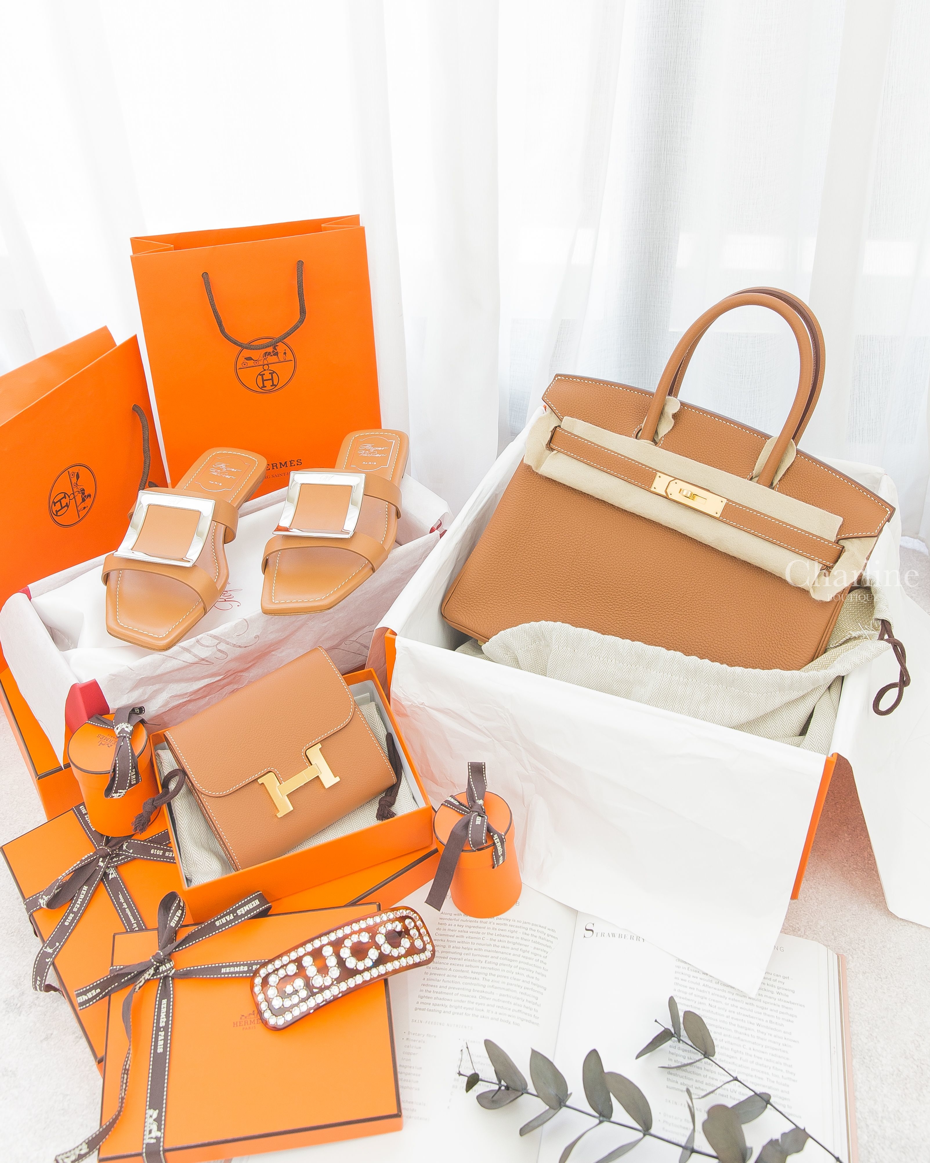 Hermès U刻焦糖色金釦鉑金包,Gucci 琥珀色方型鑲鑽 Gucci 髮飾,Roger Vivier 棕色皮革銀色方釦拖鞋,Hermes C刻焦糖色金釦短夾-Charline Boutique 精品代購