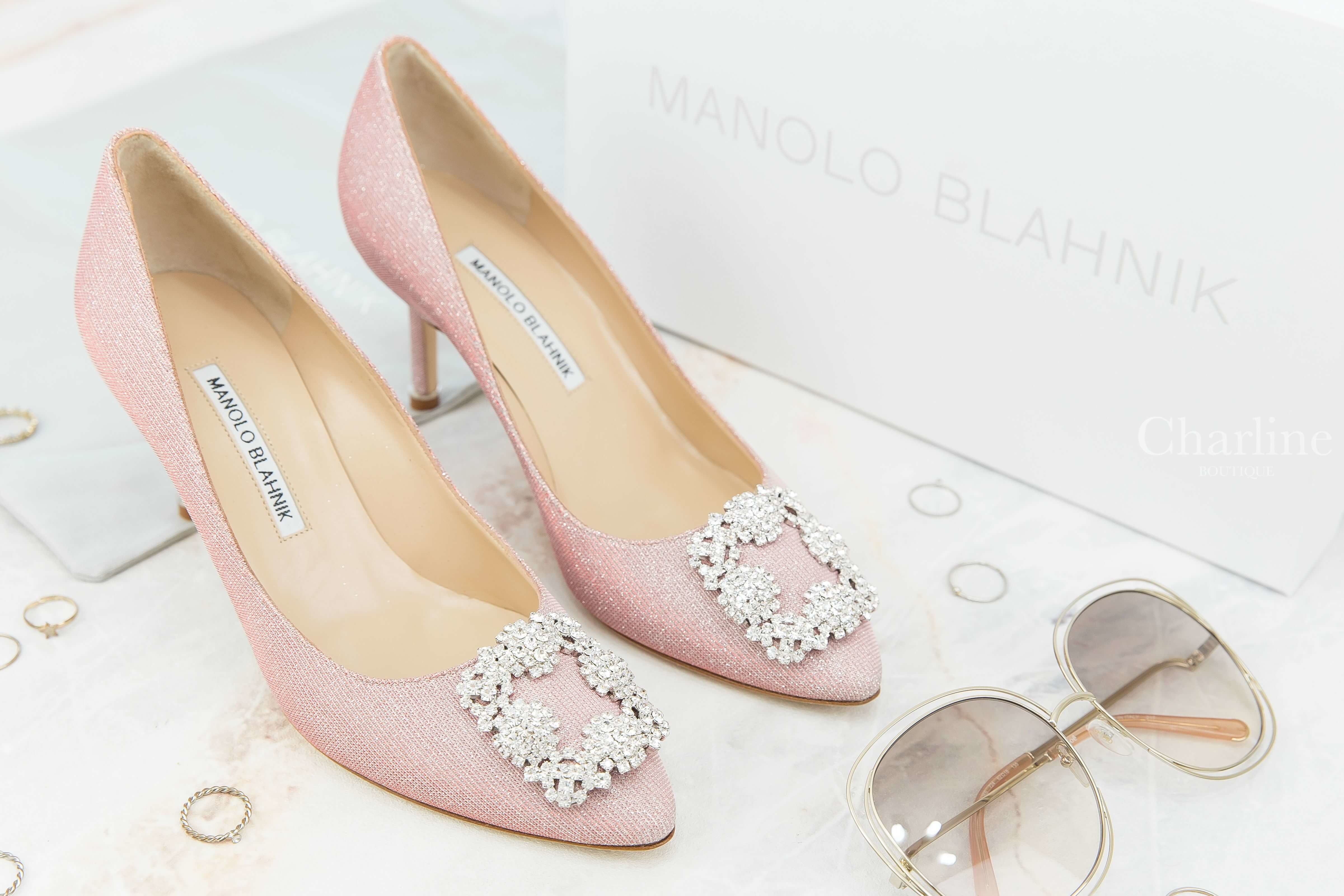 Manolo Blahnik Hangisi Galassia 70 粉色銀蔥銀色鑲鑽方釦7cm細跟高跟鞋