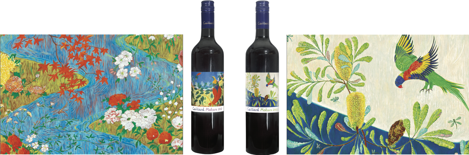 Caillard Mataro 2008 Label; top right, Caillard Mataro 2009 label, both of which are painted by Andrew