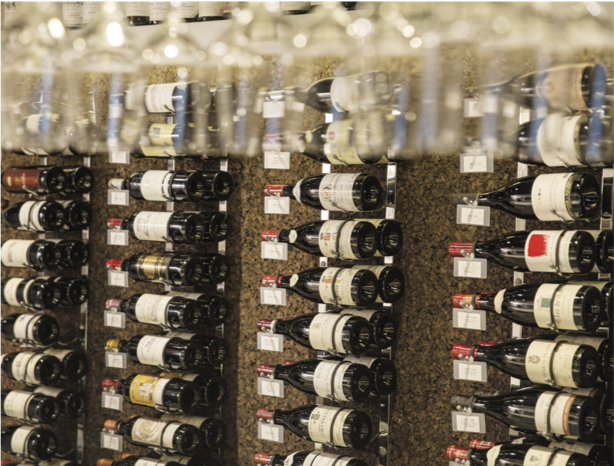 the stylish decoration of both sides of the walls, with available bottles for people to walk in and purchase.