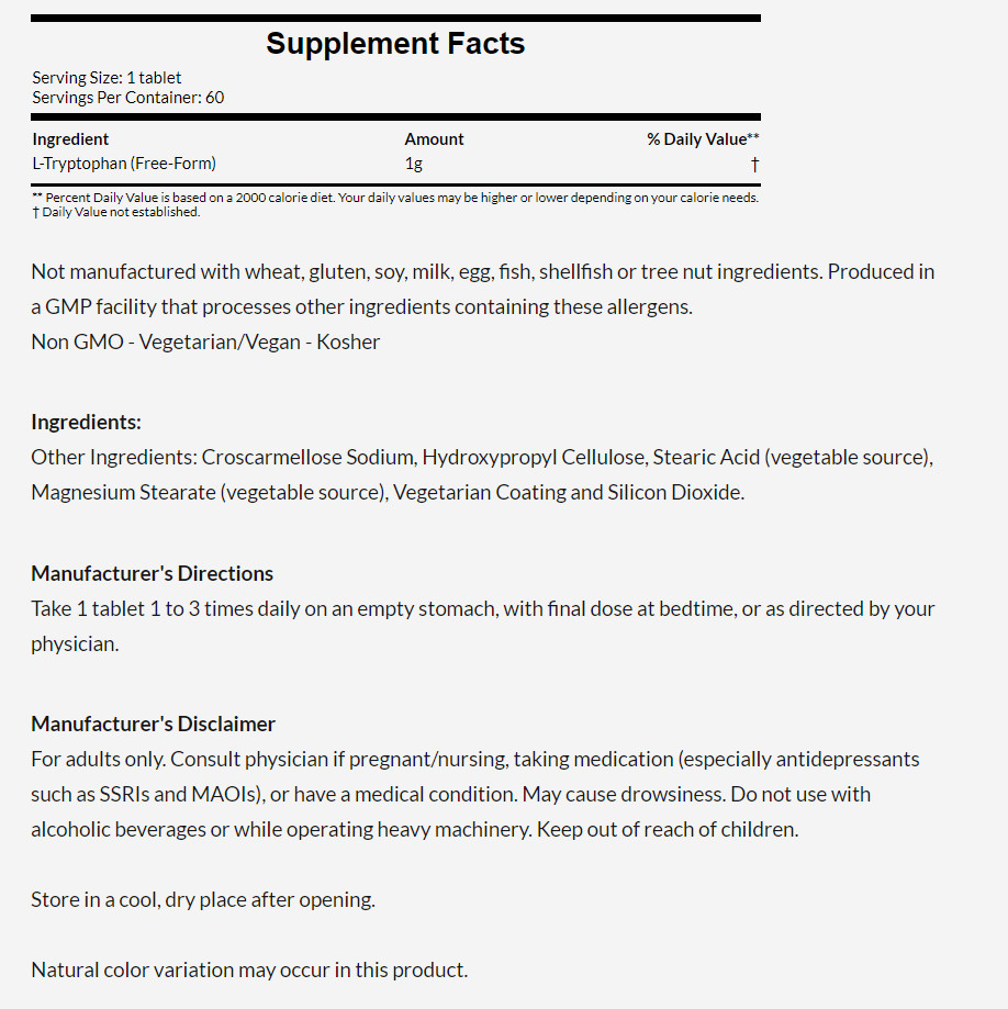[預購] Now 強效左旋色氨酸/色胺酸 1000mg 60粒 素 L-Tryptophan