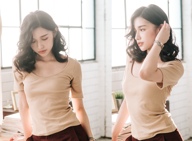 T-Shirt ribbed by Biderman 有機棉羅紋大圓領T - 米