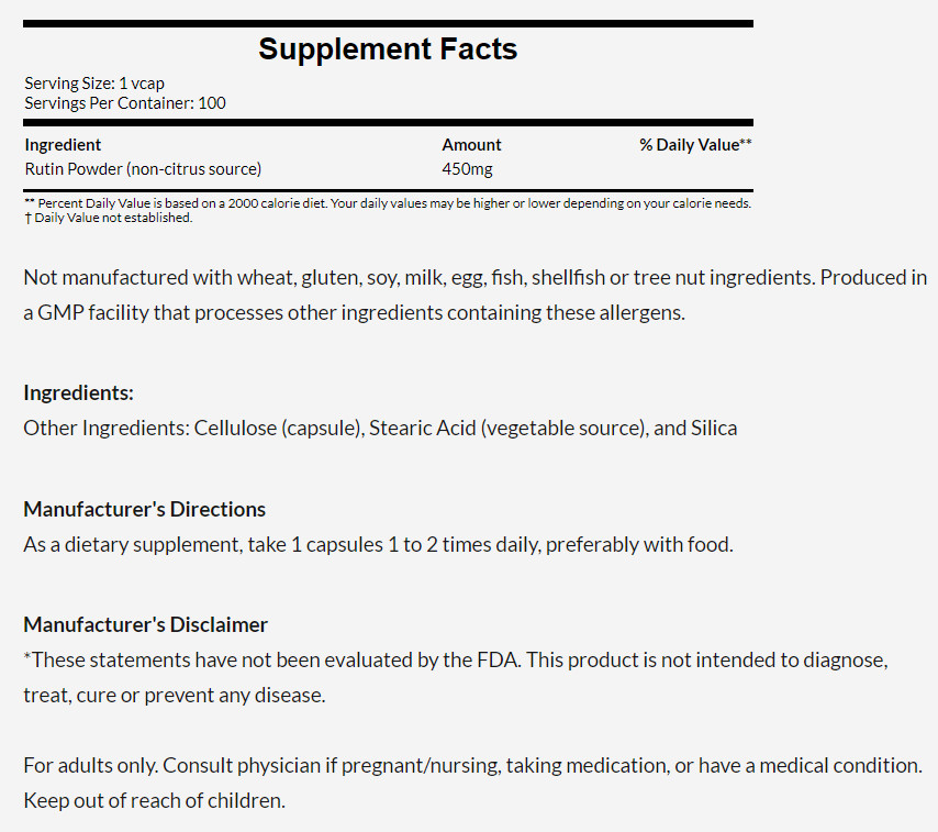 [預購] Now 非柑橘類蘆丁 450mg 100粒 素食 Rutin