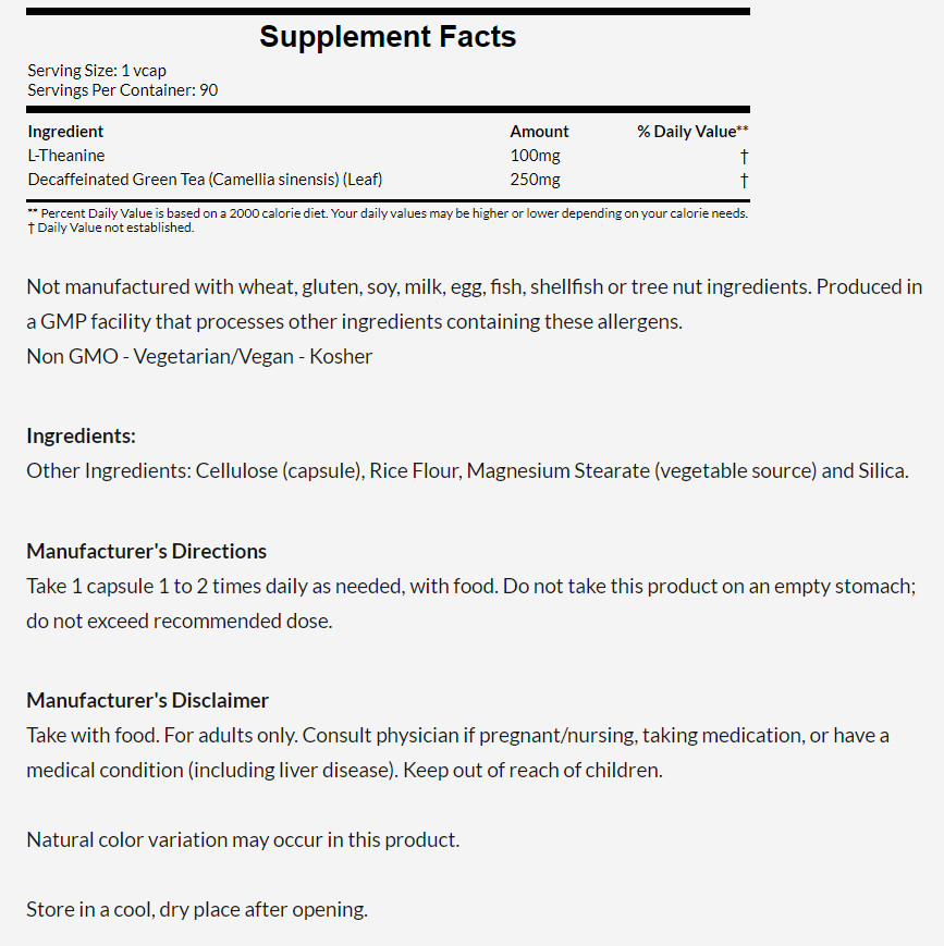 [預購] Now 茶胺酸/茶氨酸+不含咖啡因的綠茶 100mg 90粒 素食 L-Theanine