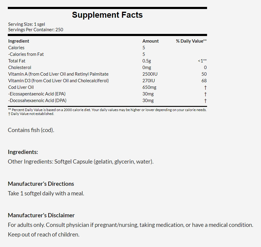 [預購] Now 鱈魚肝油 650mg 250粒 Cod Liver Oil