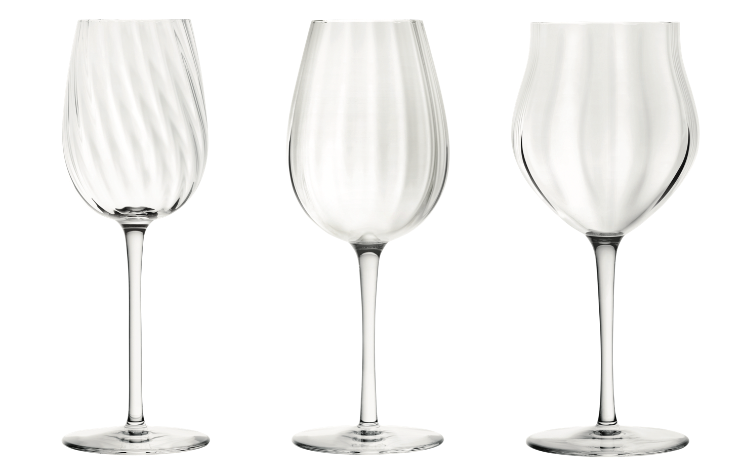 The glasses come in three variations: for Champagne, for young wine and for mature wine