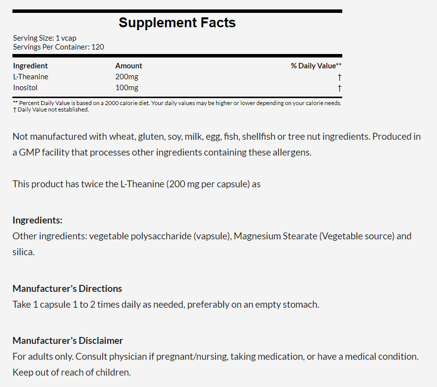 [預購] Now 強效茶胺酸/茶氨酸+肌醇 200mg 120粒 素食 L-Theanine Double Streng