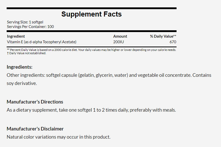 [預購] Now 天然維他命E-200(綜合生育酚) 200IU 100粒 Vitamin E  d-alpha Tocopheryl