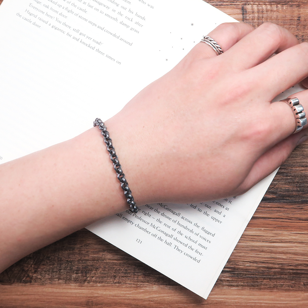 經典厚版小圓手鍊 復古黑(5.5mm寬鍊) 925純銀刻字手鍊