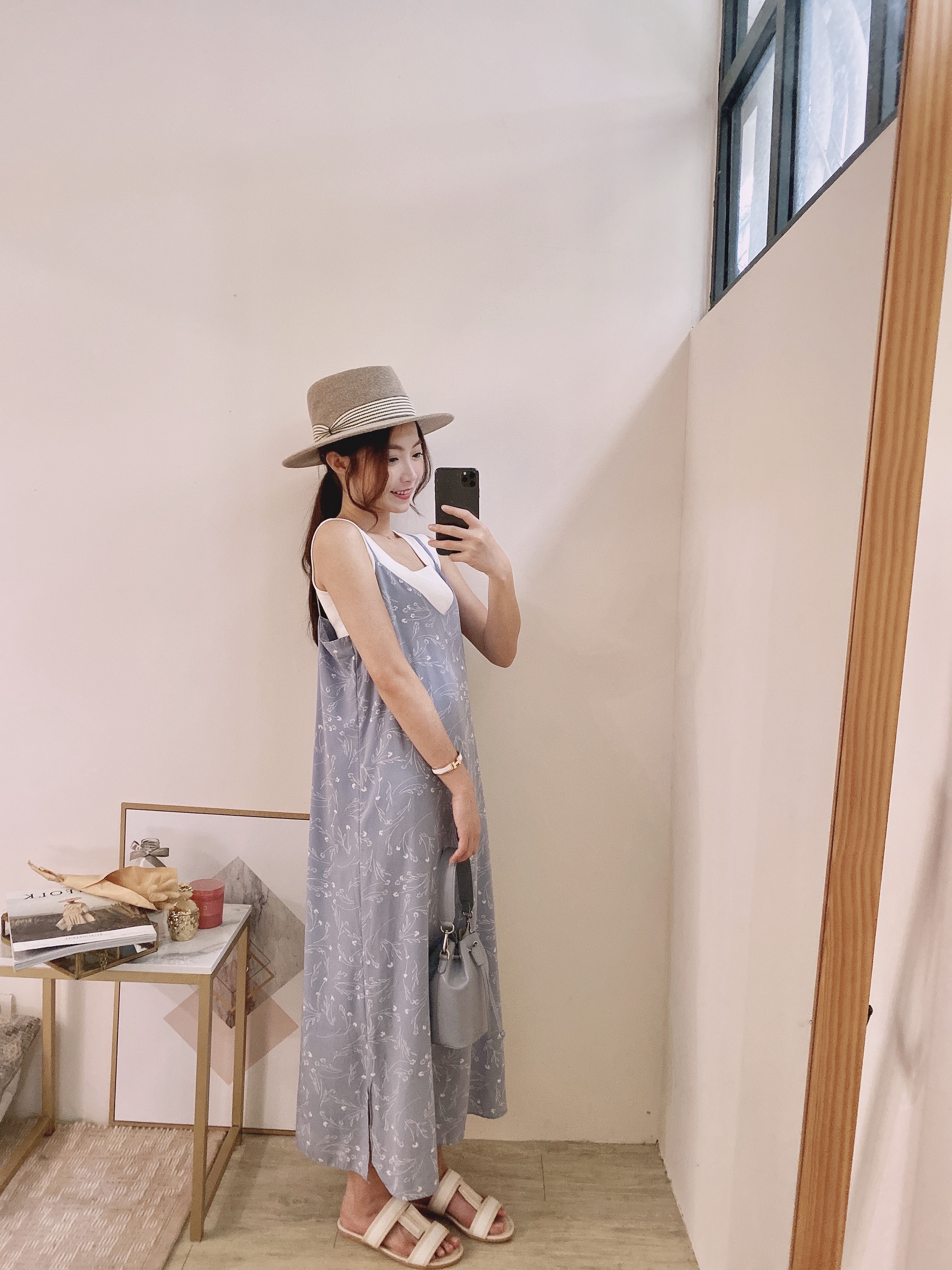 莫內花園神美灰藍線條花紋細肩洋