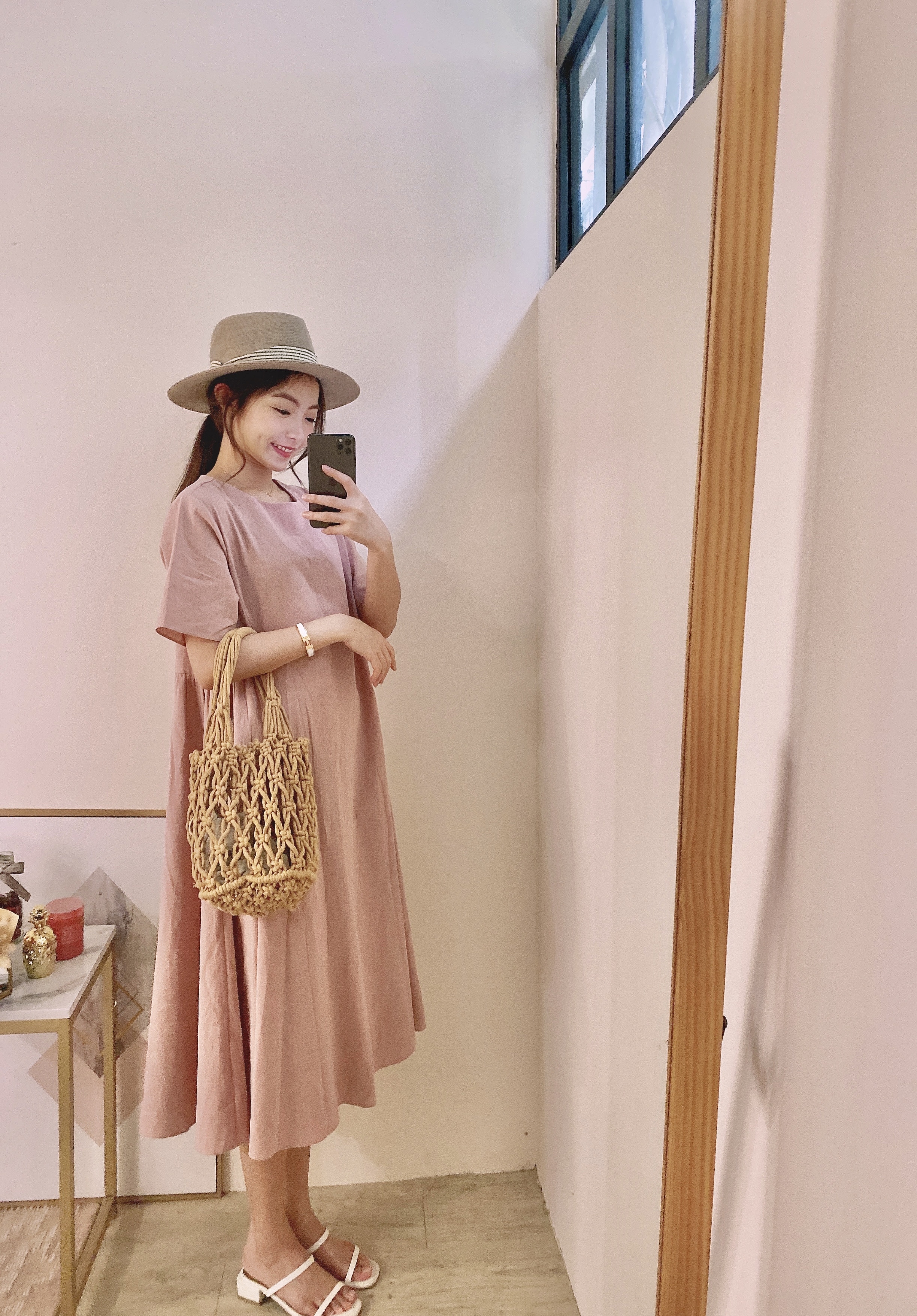 神級裙襬霧感柔粉棉麻洋